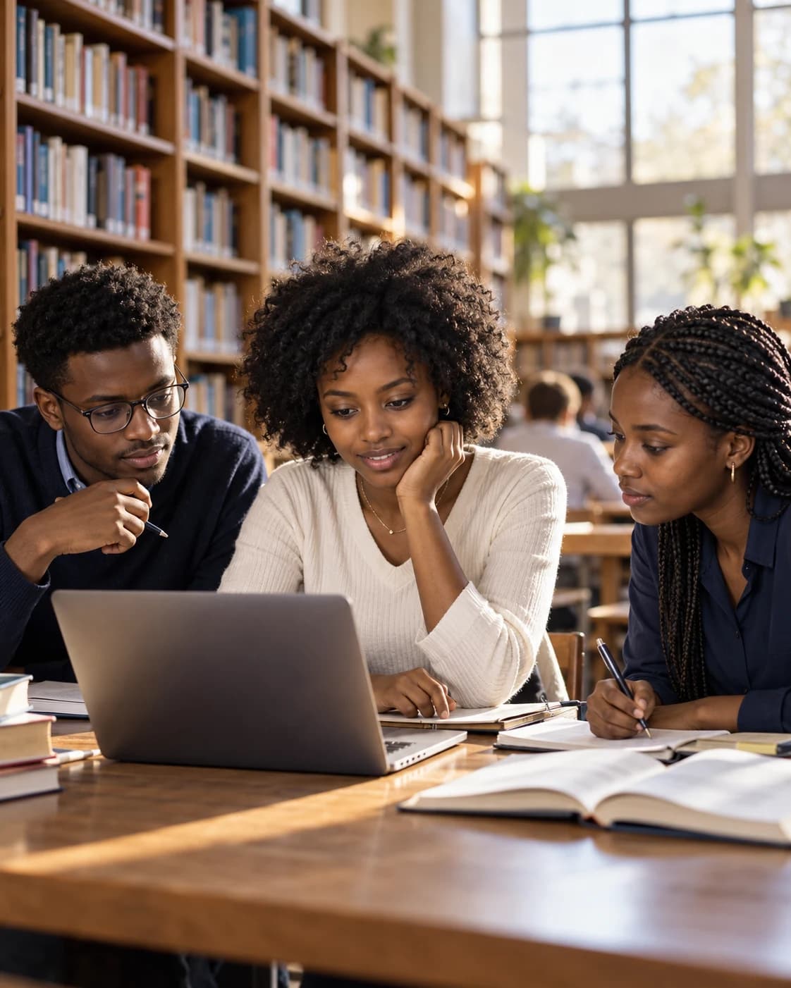 Illustrative photograph of three university students sharing ideas in a sunlit library